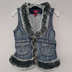 Vintage Y2K Guess Jeans Denim Vest With Faux Fur Trim Size Large